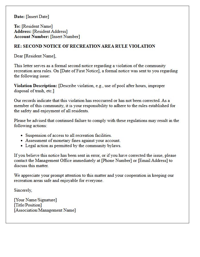 Second Notice Letter for Recreation Area Rule Violation