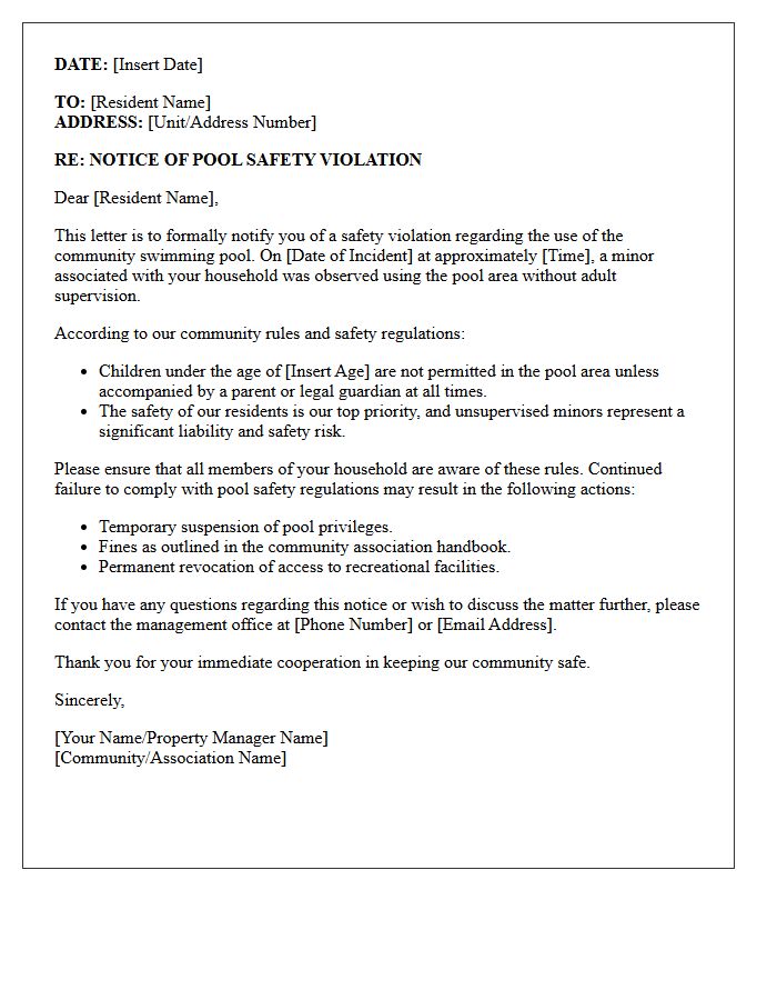 Unattended Minor Pool Safety Violation Letter