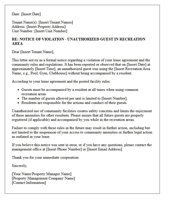 Unauthorized Guest Recreation Area Violation Letter