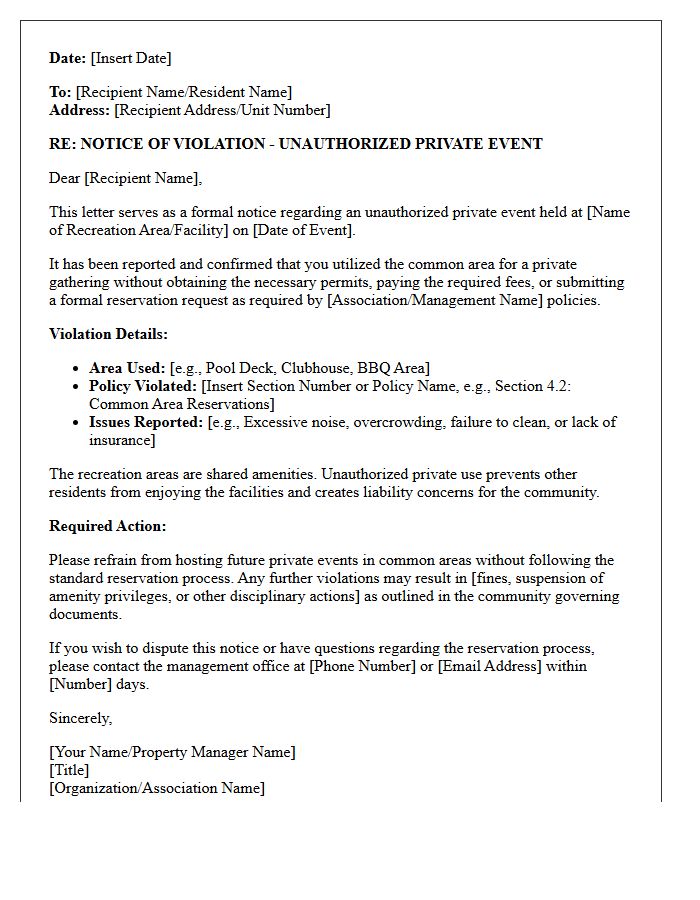 Unauthorized Private Event Recreation Area Violation Letter