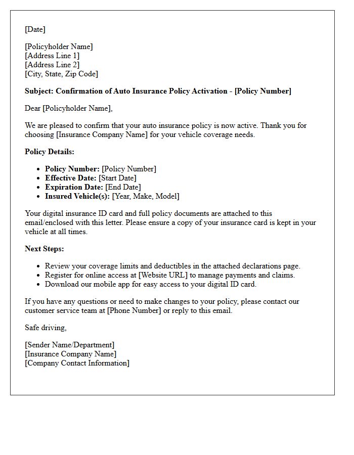 Auto Insurance Policy Activation Confirmation Letter