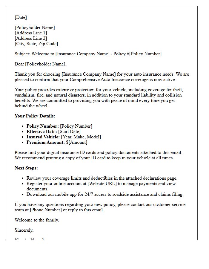 Comprehensive Auto Insurance Coverage Welcome Letter