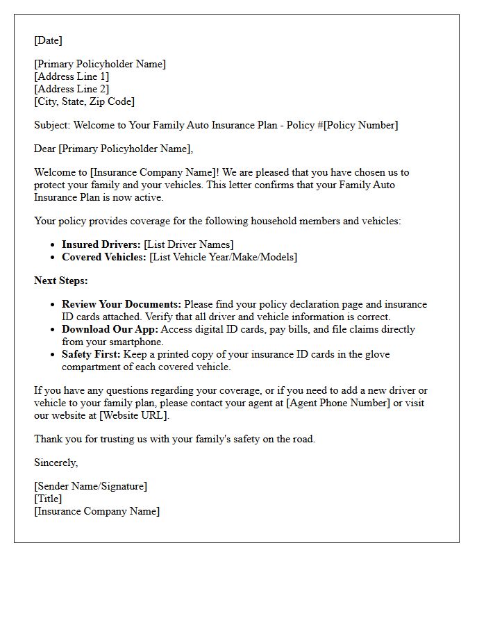 Family Auto Insurance Plan Welcome Letter