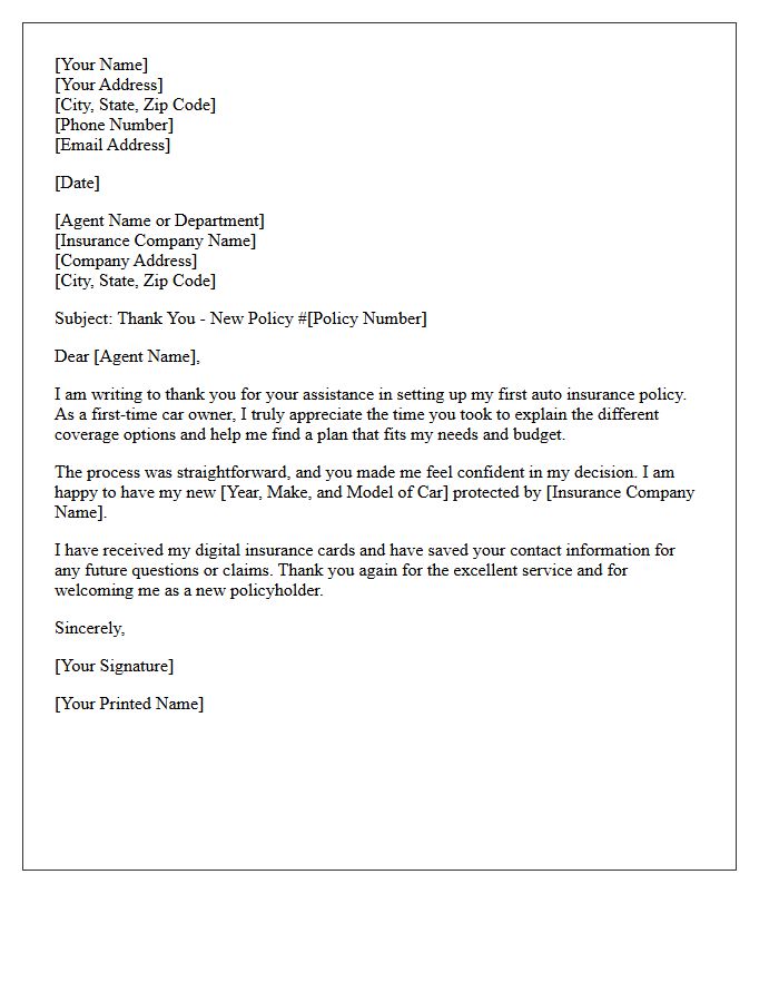 First-Time Car Owner Auto Insurance Thank You Letter