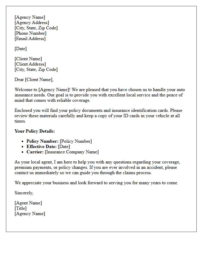 Local Auto Insurance Agency New Client Welcome Letter