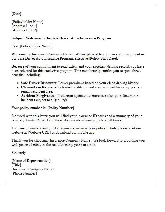 Safe Driver Auto Insurance Program Welcome Letter