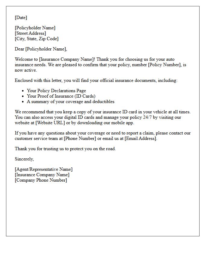 Welcome Letter for New Auto Insurance Policyholder
