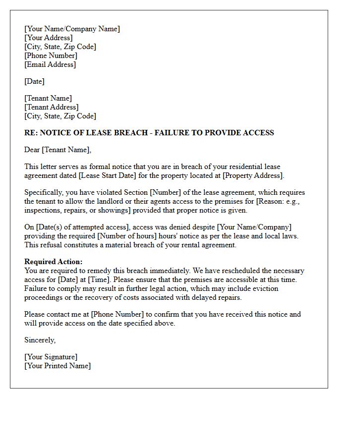 Breach Of Lease Letter For Failure To Provide Property Access
