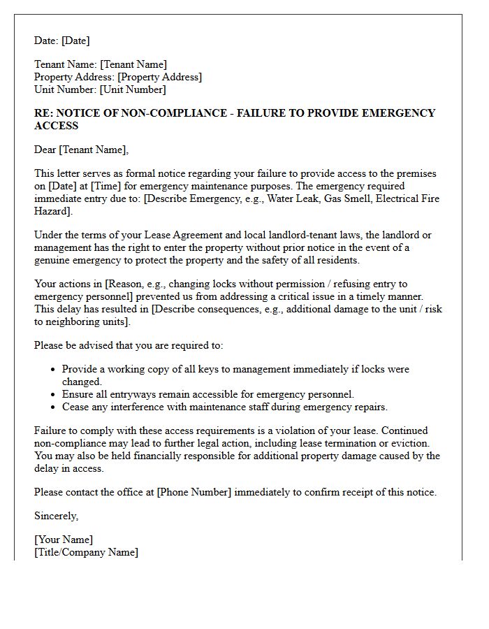 Failure To Provide Property Access For Emergency Maintenance Letter