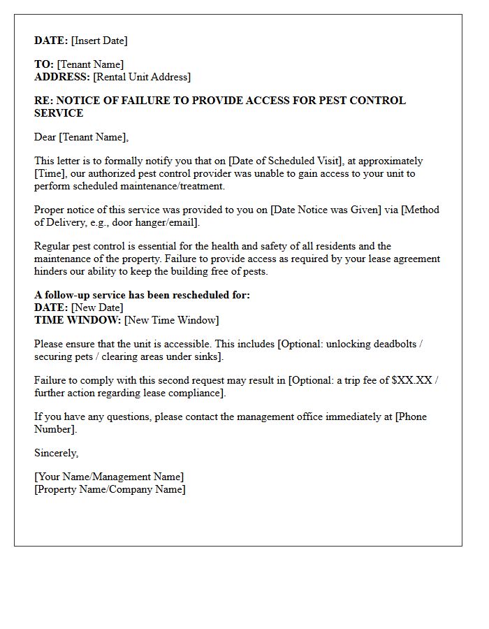 Failure To Provide Property Access For Pest Control Service Letter