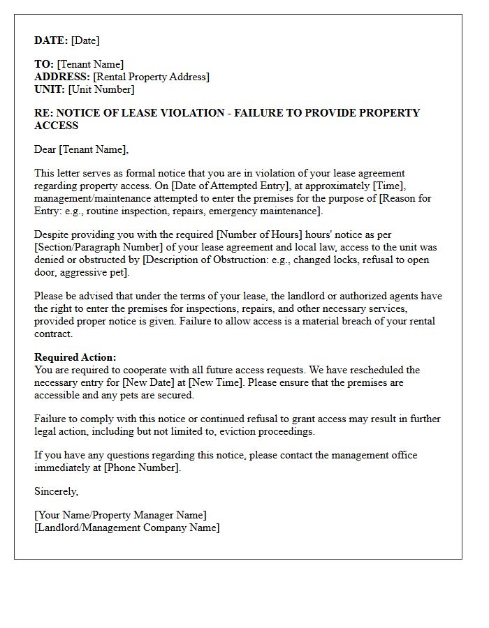 Lease Violation Letter For Failure To Provide Property Access