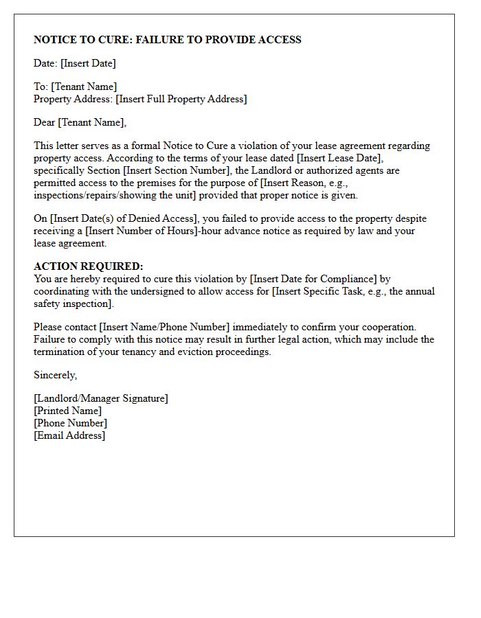 Notice To Cure Letter For Failure To Provide Property Access