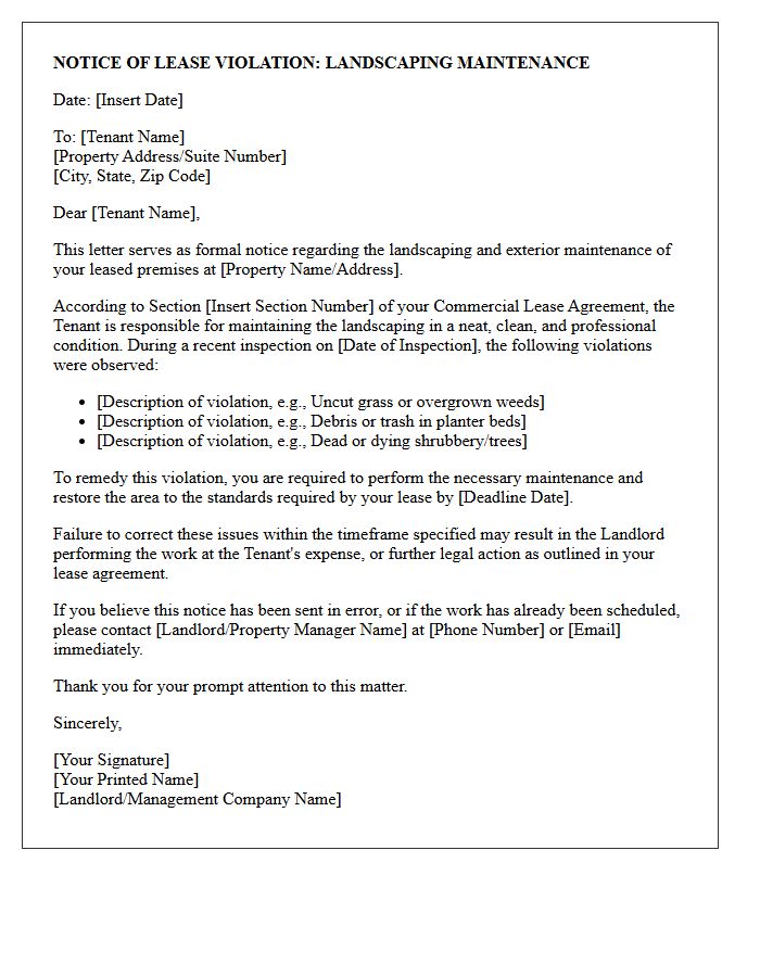 Commercial Lease Landscaping Maintenance Violation Letter