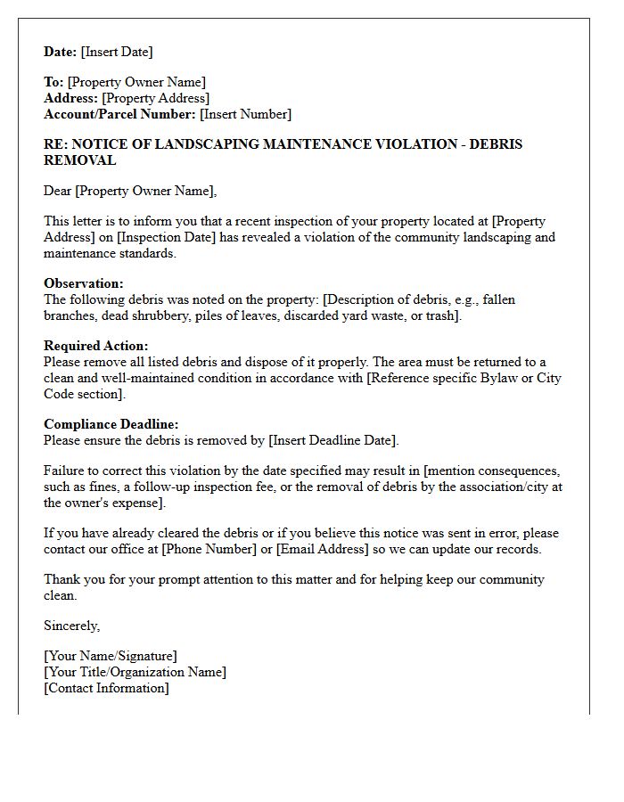 Debris Removal Landscaping Maintenance Violation Letter