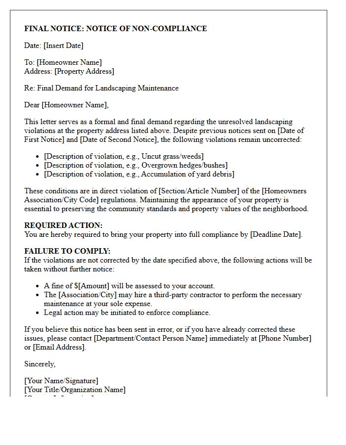 Final Demand Landscaping Maintenance Violation Letter