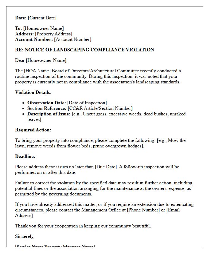 HOA Compliance Landscaping Maintenance Violation Letter