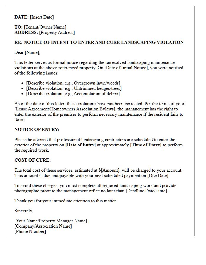 Intent to Enter and Cure Landscaping Maintenance Violation Letter