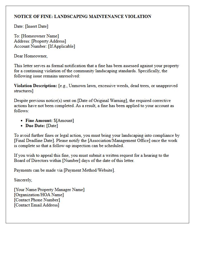 Notice of Fine for Landscaping Maintenance Violation Letter