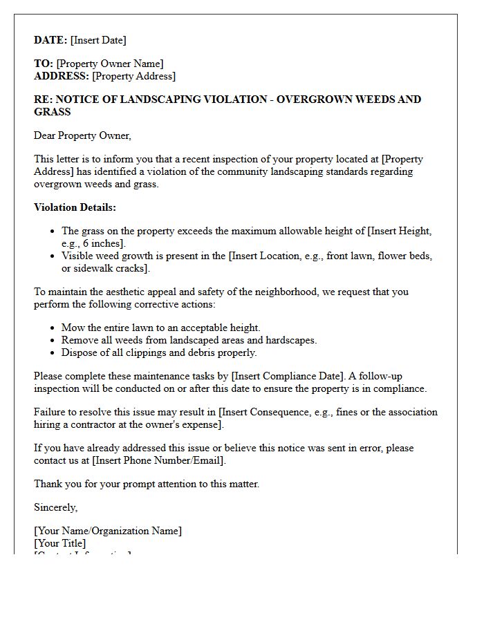Overgrown Weed and Grass Landscaping Maintenance Violation Letter