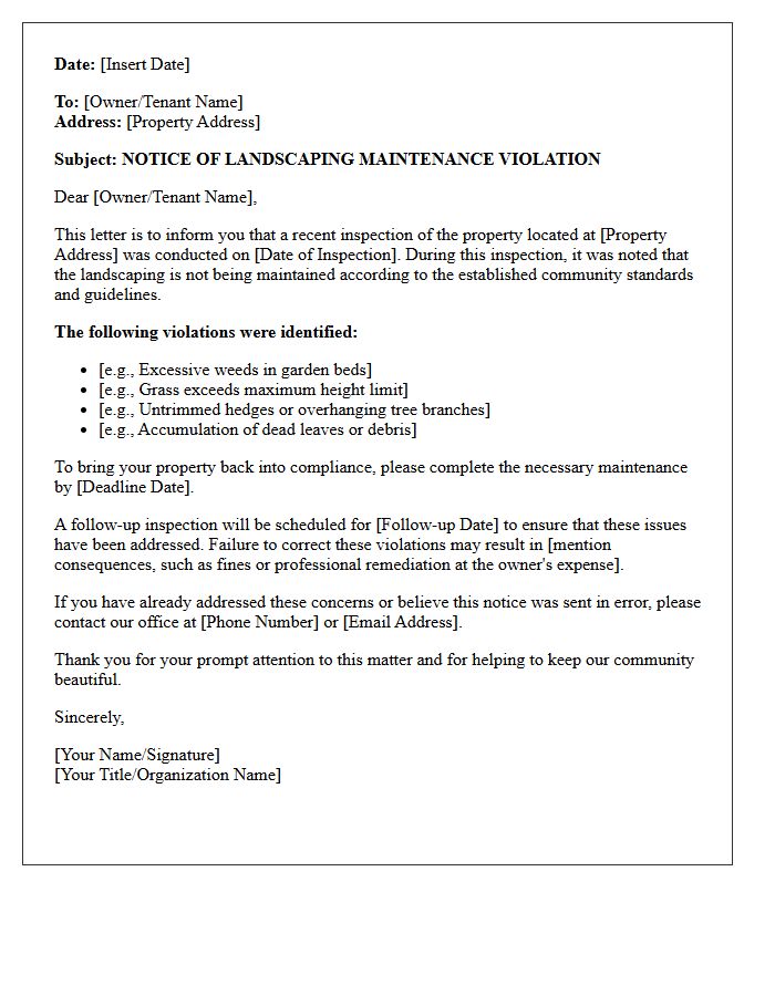 Post-Inspection Landscaping Maintenance Violation Letter