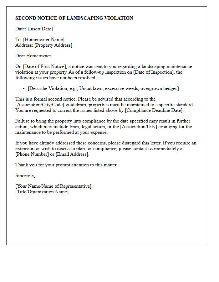 Second Notice Landscaping Maintenance Violation Letter