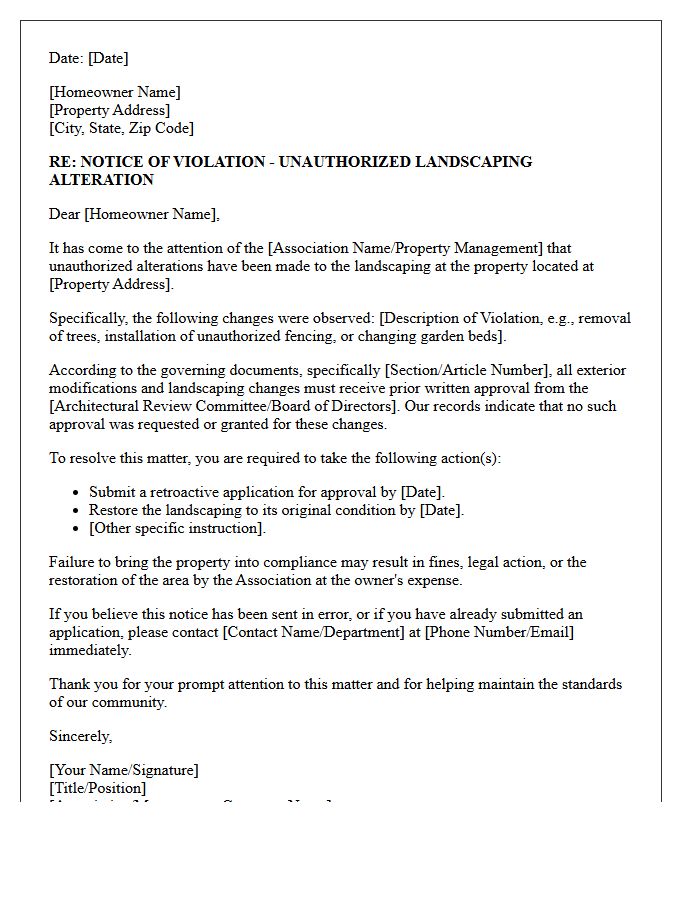 Unauthorized Alteration Landscaping Maintenance Violation Letter