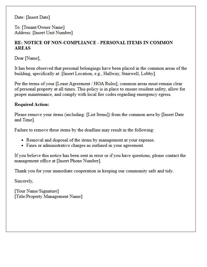 Common Area Storage Violation Letter for Personal Belongings