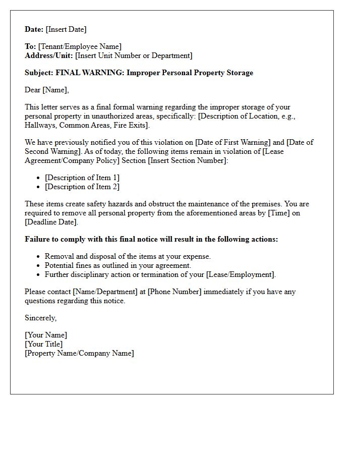 Final Warning Letter Regarding Improper Personal Property Storage