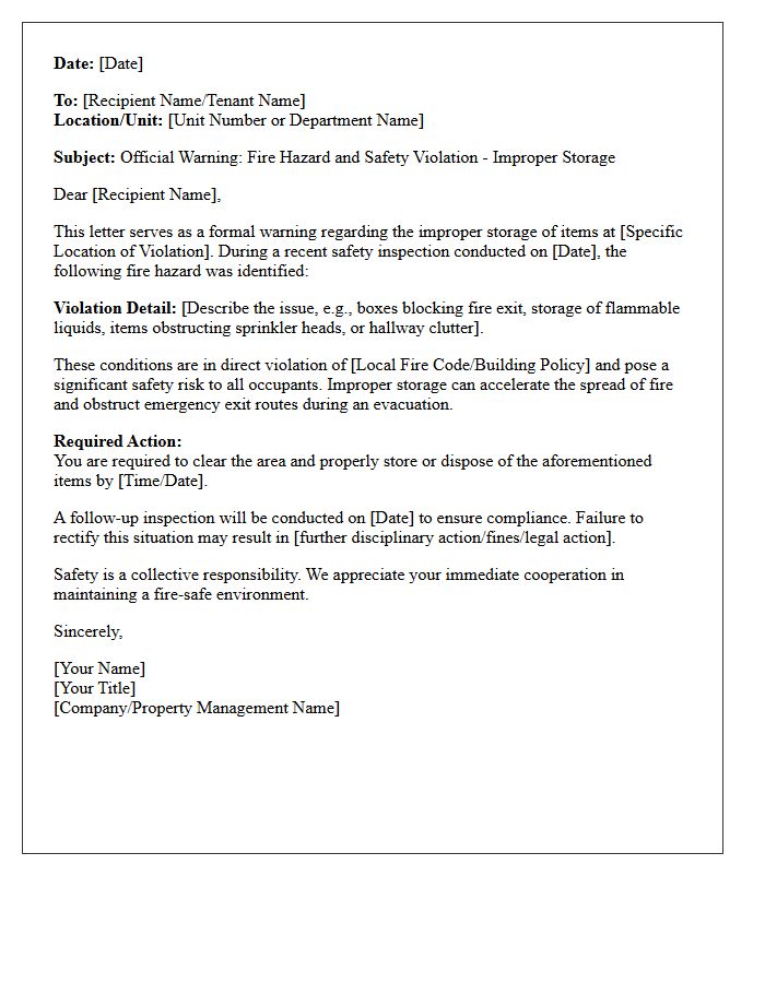 Fire Hazard and Safety Warning Letter for Improper Storage