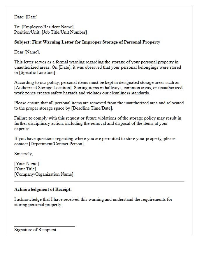 First Warning Letter for Improper Storage of Personal Property