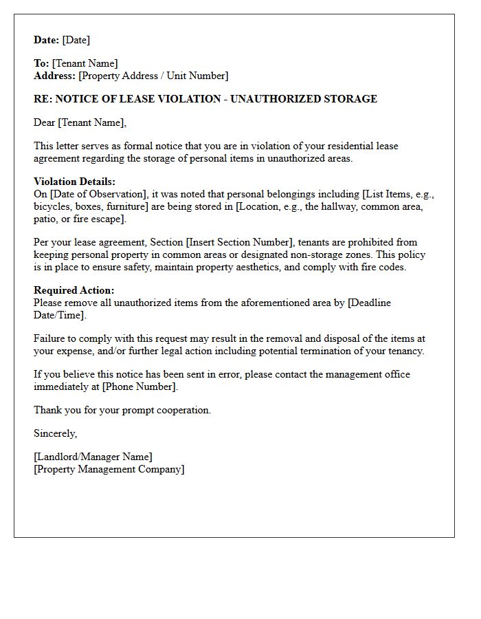 Lease Violation Letter for Unauthorized Storage of Personal Items