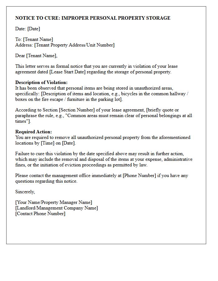Notice to Cure Letter for Improper Personal Property Storage