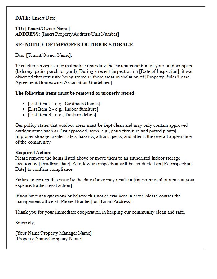 Outdoor Space Improper Storage Warning Letter