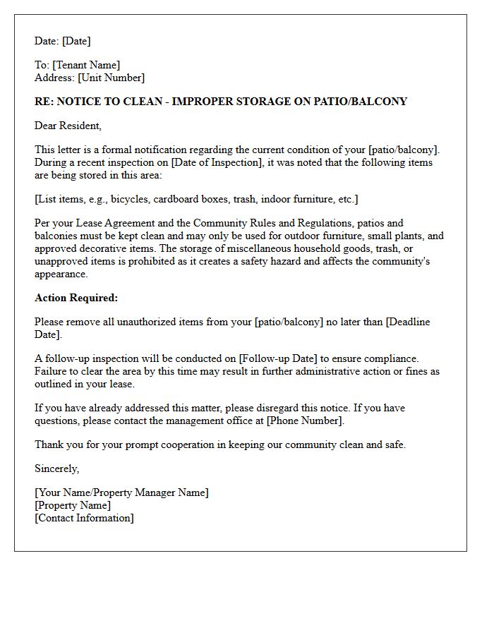 Patio and Balcony Improper Storage Warning Letter