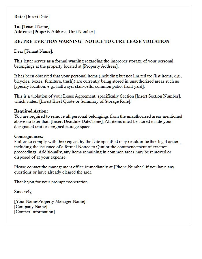 Pre-Eviction Warning Letter for Improper Storage of Personal Belongings