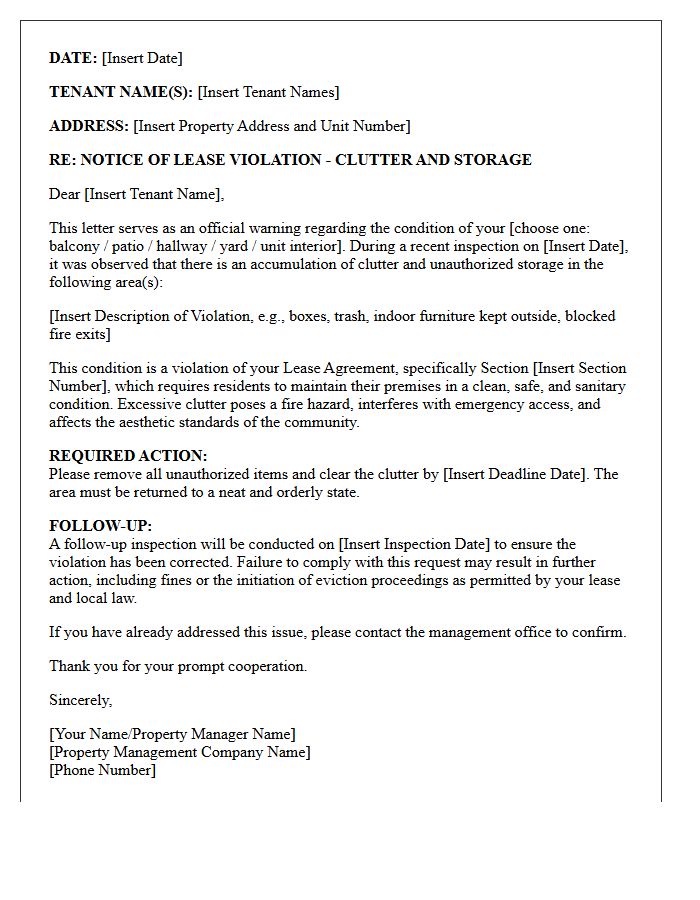 Property Management Warning Letter for Clutter and Storage Violations