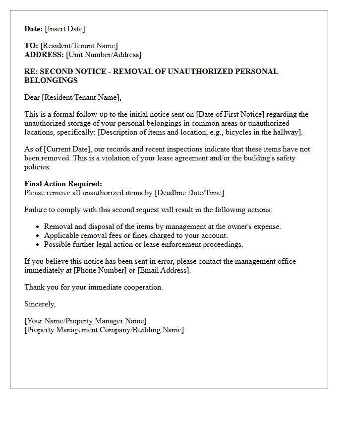 Second Notice Letter for Unauthorized Personal Belongings Storage