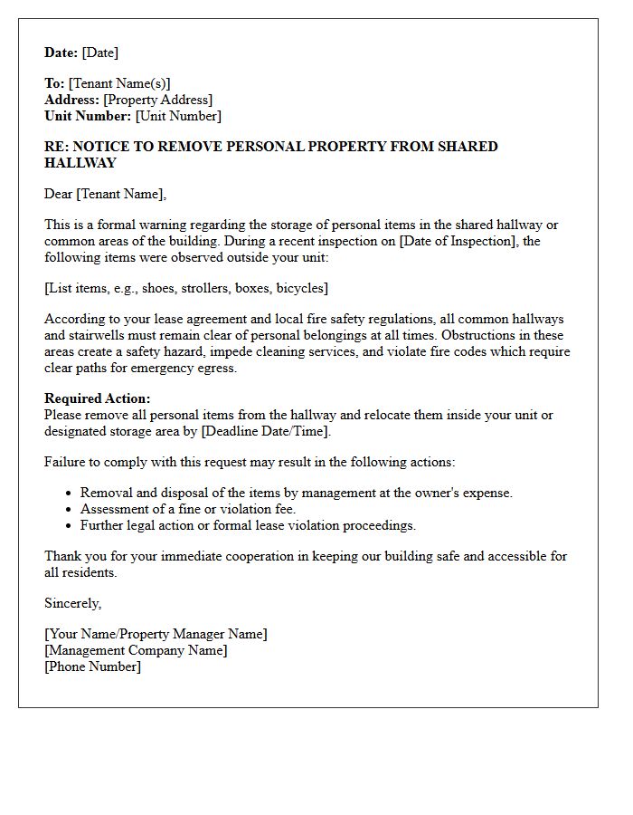 Shared Hallway Storage Violation Warning Letter