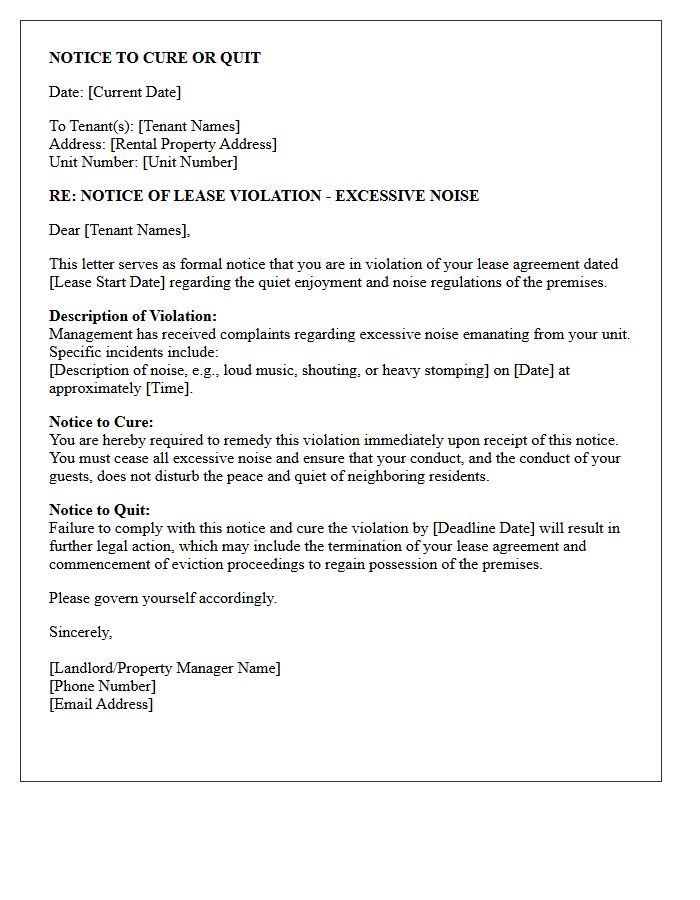 Notice to Cure Excessive Noise Lease Violation or Quit Letter