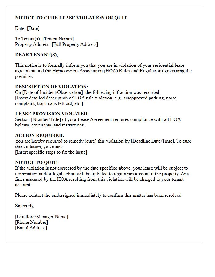 Notice to Cure HOA Rule Infraction Lease Violation or Quit Letter