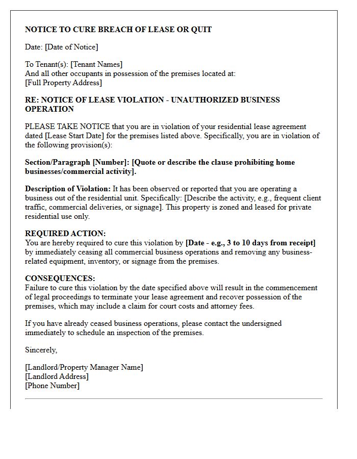 Notice to Cure Home Business Operation Lease Violation or Quit Letter