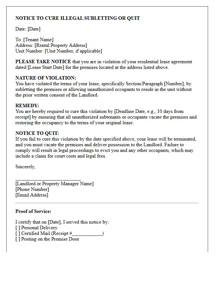 Notice to Cure Illegal Subletting Lease Violation or Quit Letter