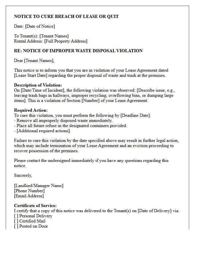 Notice to Cure Improper Waste Disposal Lease Violation or Quit Letter