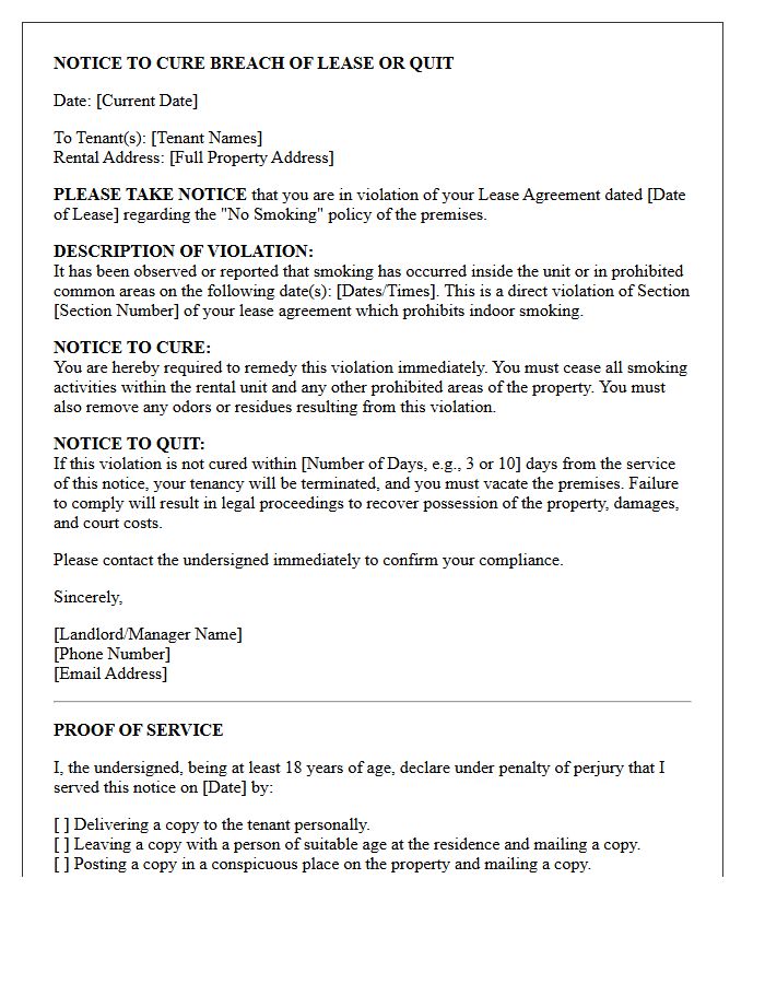 Notice to Cure Indoor Smoking Lease Violation or Quit Letter