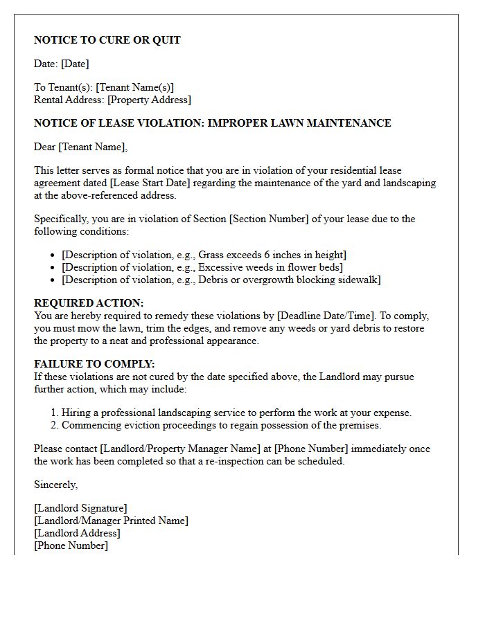 Notice to Cure Lawn Maintenance Lease Violation or Quit Letter