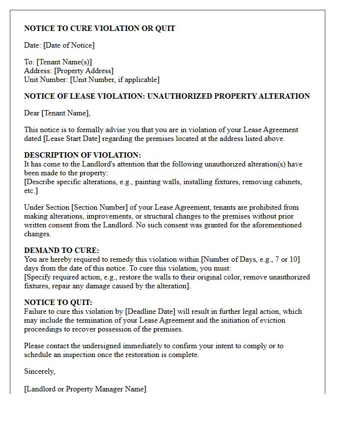 Notice to Cure Property Alteration Lease Violation or Quit Letter