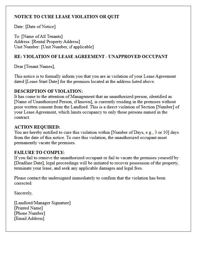 Notice to Cure Unapproved Occupant Lease Violation or Quit Letter