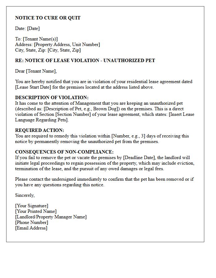 Notice to Cure Unauthorized Pet Lease Violation or Quit Letter