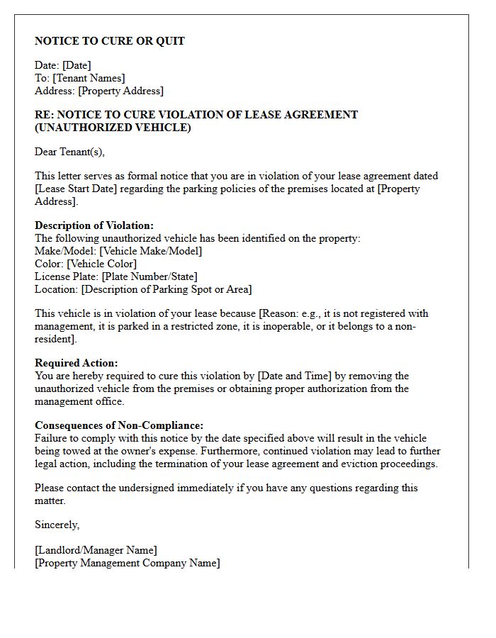 Notice to Cure Unauthorized Vehicle Parking Lease Violation or Quit Letter