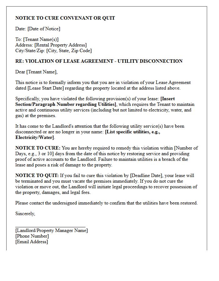 Notice to Cure Utility Disconnection Lease Violation or Quit Letter